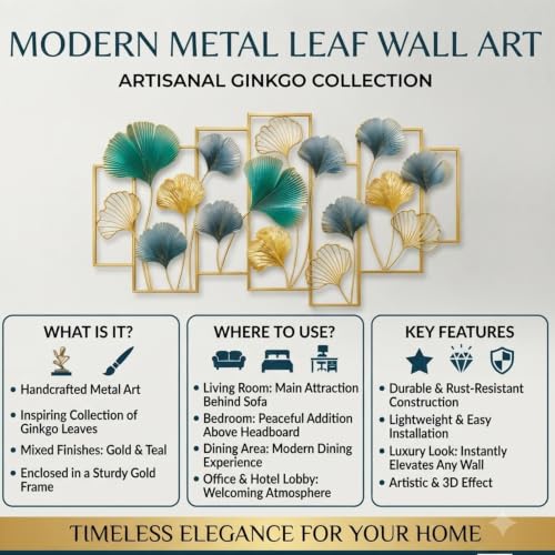 Image of SMILES GIFT Luxury Imported Wall Hanging | Large 3D Gold & Teal Metal Wall Hanging | Ginko Leaf Sculpture for Home Decor for Living Room & Office