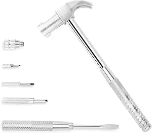 6-in-1 Multi-Purpose Hammer & Screwdriver Tool with Non-Slip Handle Slotted/Flat Head Phillips Screwdriver Mini Hammer for Opening Walnut, Home & Watchmaker Repair Tools (argent)