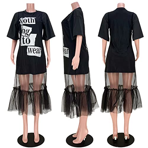 Womens Sexy 2 Pieces Letter Printed Dress Shirts Mesh Ruffles Cover Up Dress Bodycon Party Clubwear Dress Outfits Set4