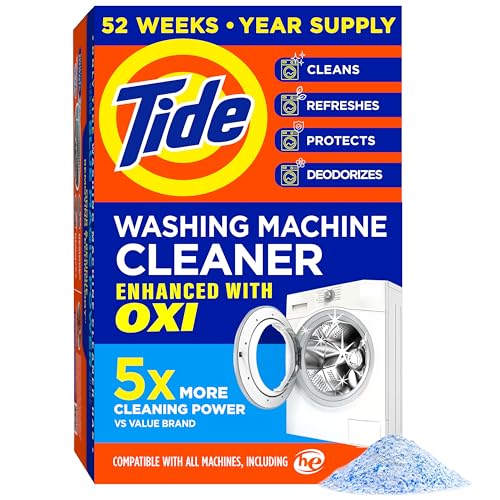 Tide Washing Machine Cleaner 52 Week Supply with Oxi for Front and Top Loader Washer Machines, Deep Cleaning Residue & Odor Eliminator, 12 Month Supply (Packaging May Vary)