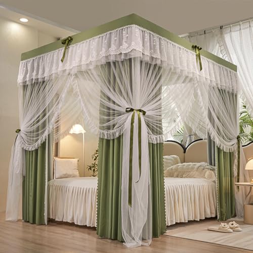 Luxury Sage Green 4 Corners Post Double Layer Bed Canopy Curtain Princess Mosquito Net with Ruffle Ideal for Girls and Adults Bedroom Decoration