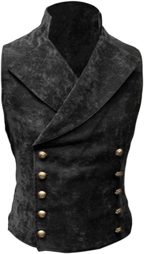 HFU Men's Faux Suede Double Breasted Vest Slim Fit Gothic Steampunk Waistcoat Gentleman Tuxedo Prom Party Formal Suit