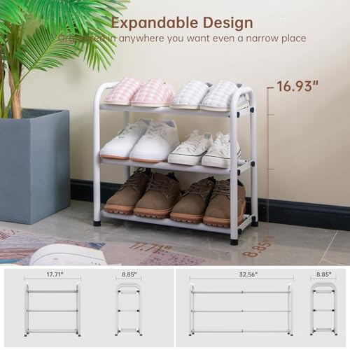 Image of Gonfoam Expandable 3-Tier Shoe Rack for Closet and Entryway, White | Tool-Free Assembly, Metal Material, Adjustable Shoe Organizer, Sturdy, Small Space Solution, Dorms, Garages, Apartments.