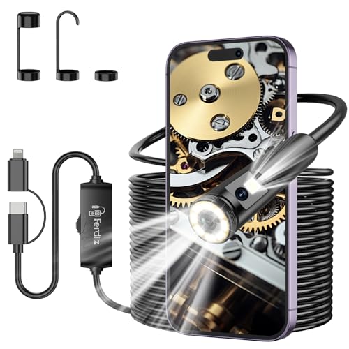 Endoskopkamera mit Licht, Ferdiiz 1920P HD Doppellinse Rohrkamera mit 8+1 LED, Wasserdichtes IP67 Inspektionskamera, Kein WLAN Erforderlich Kanal-Kamera für Android & iOS, Tablet - 32.8 ft/10 m