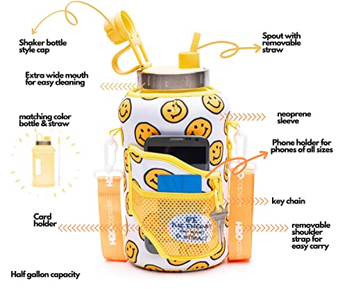 H2O Capsule 2.2L Half Gallon Wide Mouth Water Bottle With Storage Sleeve And Removable Straw - Hydration Tracker Jug With Measurements Marked – Shatterproof Bpa-Free, Happy Day #TOP1