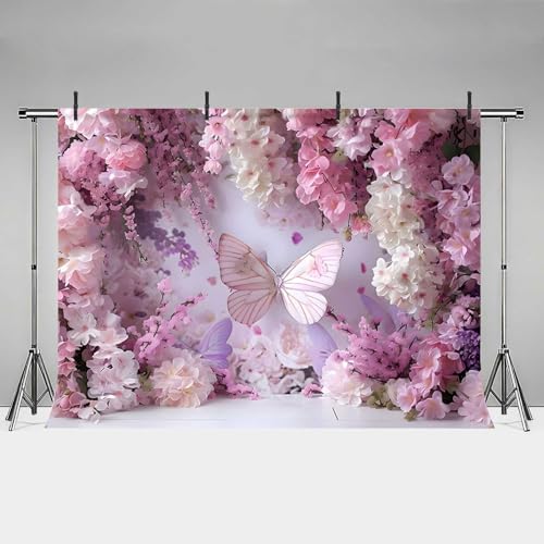 MEHOFOND Fondo de cumpleaños de niña rosa de 2,1 x 1,5 m, flor morada, rosa, mariposa, retrato, fondo de fotografía, baby shower, pastel, princesa, jardín, fiesta, decoración de tartas, pancartas,