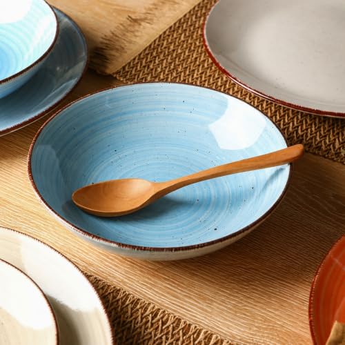Image of Dinnerware Sets for 6, 18 Piece Stoneware Plates and Bowls Set, Blue | Dishware Sets Kitchen, Chip & Scratch Resistant Ceramic, Microwave & Dishwasher Safe