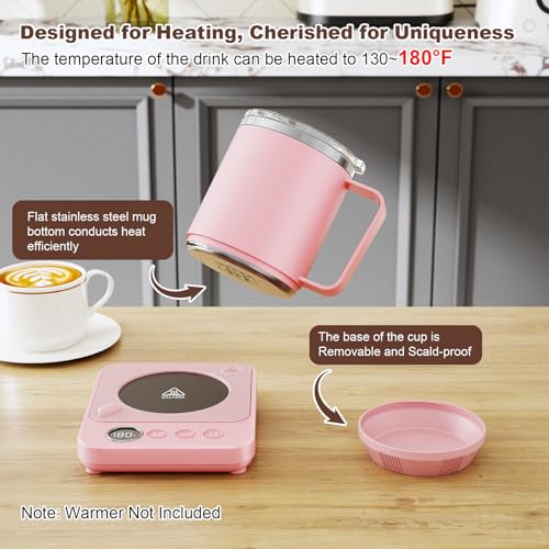Image of Felibeaco 16oz Heated Coffee Mug with Flat Bottom for Rapid Heating, Stainless Steel Heated Coffee Cup Suitable for Different Coffee Mug Warmer /Heaters, Heated Mug /Cup for Home and Office Desk,Pink