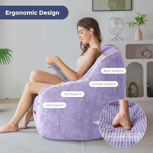 Image of MAXYOYO Bean Bag Chair, Bean Bag Sofa with Filler, Cozy Living Room Chair for Adults and Kids, Stuffed Floor Sofa for Bedroom Dorm Reading, Purple