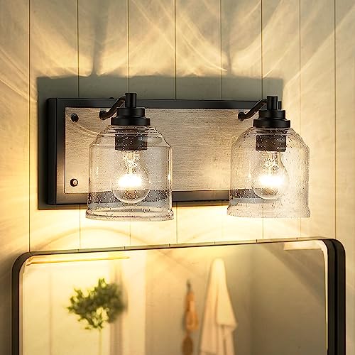 Image of 16 inch 2-Light Farmhouse Bathroom Vanity Light with Bubble Glass, Gray | Metal base with hand-painted wood-grain finish, 5.3 inch seeded glass, E26 Bulbs, mount up /down, for bathroom hallway