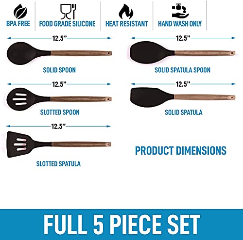 Image of Non-Stick Silicone Cooking Utensils Set with Natural Acacia Hard Wood Handle, High Heat Resistant Black Pack of 5