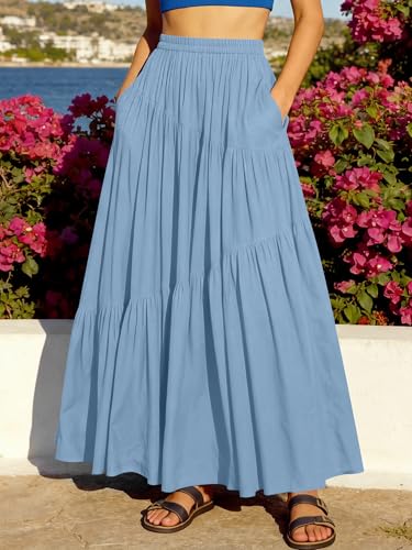 Image of ANRABESS Women's Boho Elastic High Waist Pleated A-Line Flowy Swing Asymmetric Tiered Maxi Long Skirt Dress with Pockets