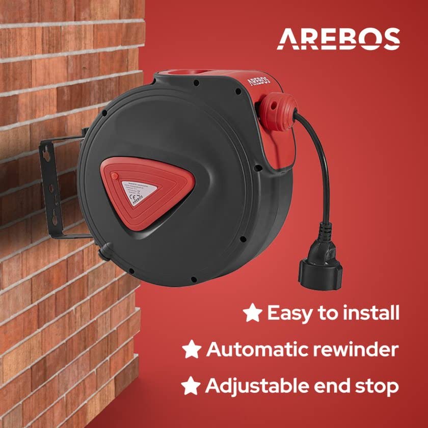 Arebos Automatische kabelhaspel, wandmontage, 180° aan de zijkant draaibaar, met montagemateriaal (20 m 1,5 m
