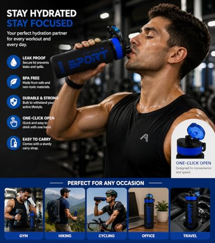 Image of Sport Water Sipper Bottle with Soft Silicon Straw, Leak Proof, 1000ml, (BLUE BLACK)
