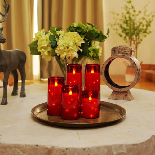 Image of Homemory Flickering Flameless Candles, Red LED Pillar Candles with Remote