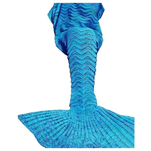 LAGHCAT Mermaid Tail Blanket Knit Crochet Mermaid Blanket for Adult, Oversized Sleeping Blanket, Wave Pattern (71 x 35.5 Inch, Peacock Blue)……
