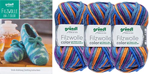 Gründl - 3 ovillos de lana de fieltro de 50 g, juego completo, incluye instrucciones para zapatos de fieltro a rayas con 2 brillantes para coser (43 Orange Pool Mix), mezcla de naranja