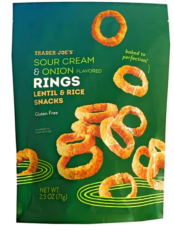 Trader Joe's Sour Cream & Onion Flavored Lentil & Rice Snack Rings, Gluten Free, 2.5 oz Pack of 4
