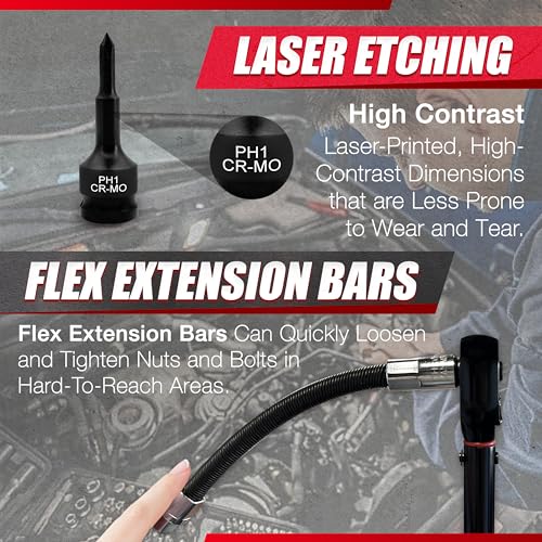 38Pcs 3/8" Deep and Shallow Impact Socket Set,Torx Bit, Phillips Slotted Bit Socket Set,Including Extension Bar, Flexible Bit Extension,Torque Spanner,U-Joint,Cr-Mo Steel