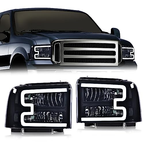 Image of GRAND ORANGE LED DRL BAR Headlights Assembly Compatible with 2005-2007 Ford F250 F350 F450 F550 Super Duty / 05 Ford Excursion Headlamps Smoke lens Black Housing Clear Reflector