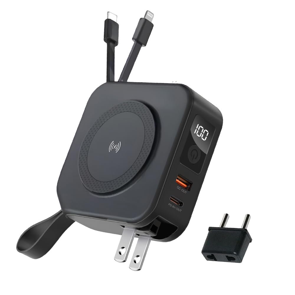 Explorer 18W Wireless Fast Charging 10000mAh Power Bank & Charger with Mobile Stand, USB & Type C PD Output with Built in Cable (Light-ning & Type C), AC Input(Lithium Polymer,Black)