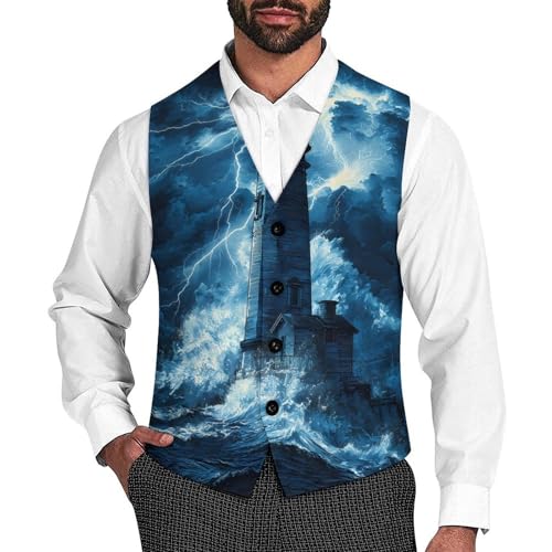 Lighthouse Sea Stormy Suit Vest for Men Slim Fit Sleeveless Jacket V Neck Business Waistcoat Button Up Dressy Top