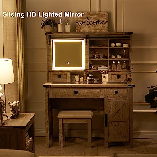 T4TREAM Farmhouse Makeup Vanity Desk with Sliding Mirror and Lights, 42'' Glass Tabletop Vanity Table with 2 Drawers & Shelves, Rustic Big Vanity Set for Bedroom, Light Rustic Oak