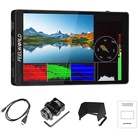 FEELWORLD F7 PRO 7 Inch Touch Screen DSLR Camera Field Monitor with 3D Lut HDR Waveform F970 External Power Install Kit 1920x1200 4K 60Hz HDMI Input Output 8.4V DC Output 5V Type-c Hot Shoe Cover