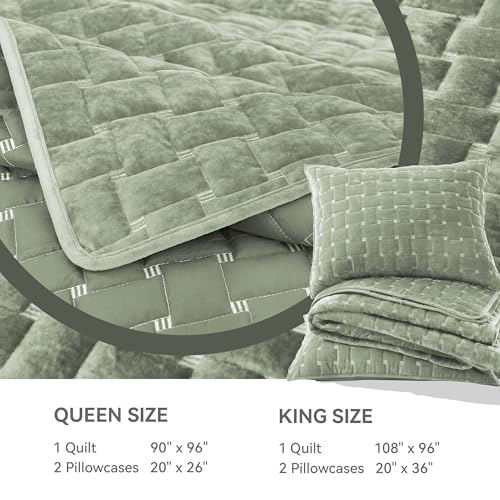 Image of Grassix Velvet Quilt Set Queen Size, Luxury Geometric Design, Sage Green | Lightweight Velvet Comforter with 2 Pillow Shams, Ultra Soft Bedspread Coverlet, Quilted Bedding Set for All Seasons, 90 inchx96 inch