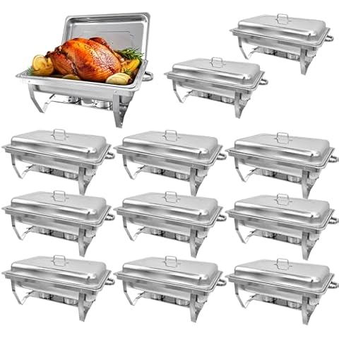 EVGTTI 12 Pack Stainless Steel Chafing Dishes 8 Quart Full Size Chafing Dish Buffet Set Silver Rectangular Catering Chafer Warmer for Buffet Banquet Party Catering Supplies Cover