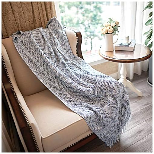 MOTINI Blue and White Throw Blanket Knitted Herringbone Woven