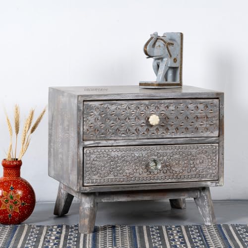 Image of Wooden Bedside Table for Bedroom with Drawers | Solid Wood Handcrafted Bed Side Table with Drawers | Side Table for Living Room | Traditional Rajasthani Art (Grey Distress)