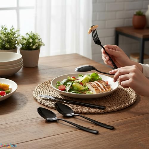 Image of Mirror Polished Black 16 Pcs Stainless Steel Cutlery Set for Dining Table, Dishwasher Safe Glossy Flatware (4 Spoon Set + 4 Forks Set + 4 Butter Knife + 4 Dessert Spoon)