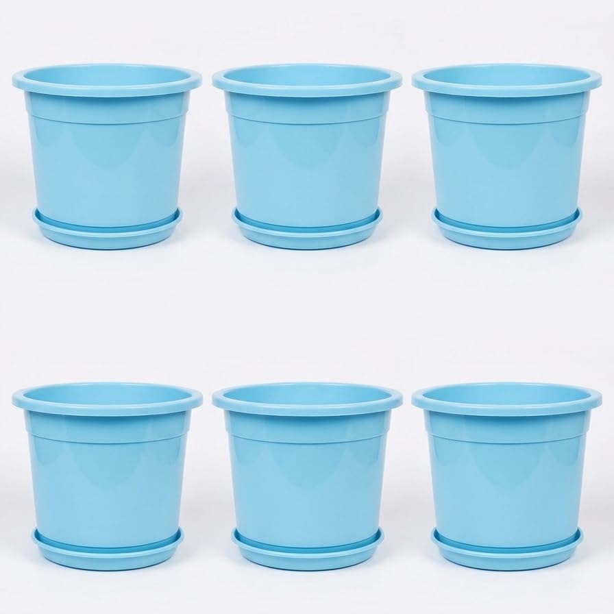 Image of 12 Inch Glossy Plastic Planter with Bottom Plate | Heavy Duty Flower Pot with Tray for Indoor Home Decor, Balcony, Living Room & Outdoor Garden (6 Pot, Ocean Blue)
