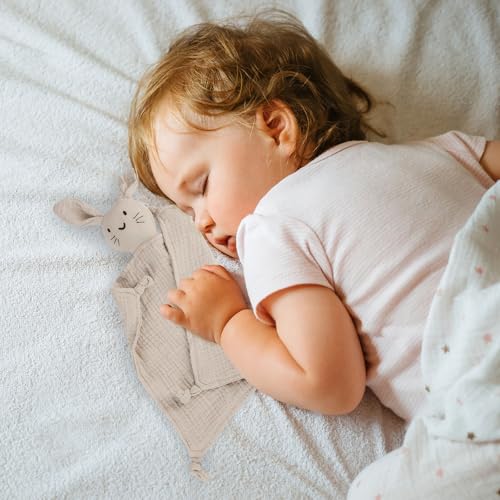 Image of 2 Pack Organic Cotton Muslin Bunny Lovey Blanket, Soft Baby Blanket | Breathable Security Blanket for Newborns, Baby Gift for Boys & Girls, Khaki & Green