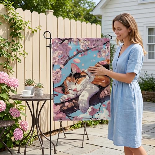 Drapeau de jardin chat fleurs de cerisier déco extérieure printemps