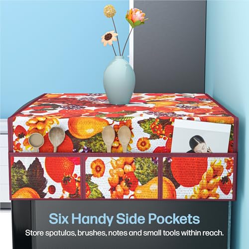 Image of Kuber Industries PVC Fridge Organizer Set, (Fridge Mat, 2 pcs Refrigerator Handle & 1 Refrigerator Top Cover) | Top & Handle Cover and Mat | Print - Fruit
