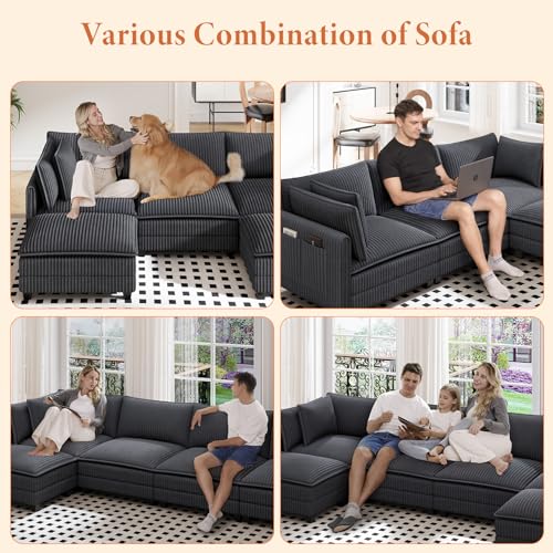 Image of Vesgantti 109 inch L Shaped Cloud Sectional Couch, Comfy Corduroy Upholstered Modular Couches for Living Room, Modern 3 Seater Sectional Sofa with Ottoman Deep Seat, Dark Grey