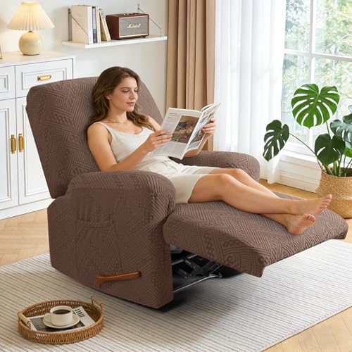 Image of Ruaozz Recliner Sofa Covers Oversized Recliner Chair Covers Recliner Covers for Reclining Chair with Pockets Washable Furniture Protector with Elastic Bottom (1 Seater-X Large, Brown)