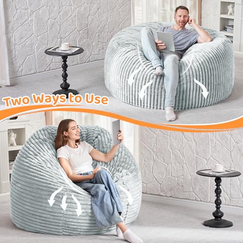 Image of HABUTWAY 4FT Bean Bag Chair, 4' Large Bean Bag Chairs for Adults with Removable Stripe Plush Cover, Memory Foam Beanbag Chair for Living Room Bedroom Dorm,Light Grey