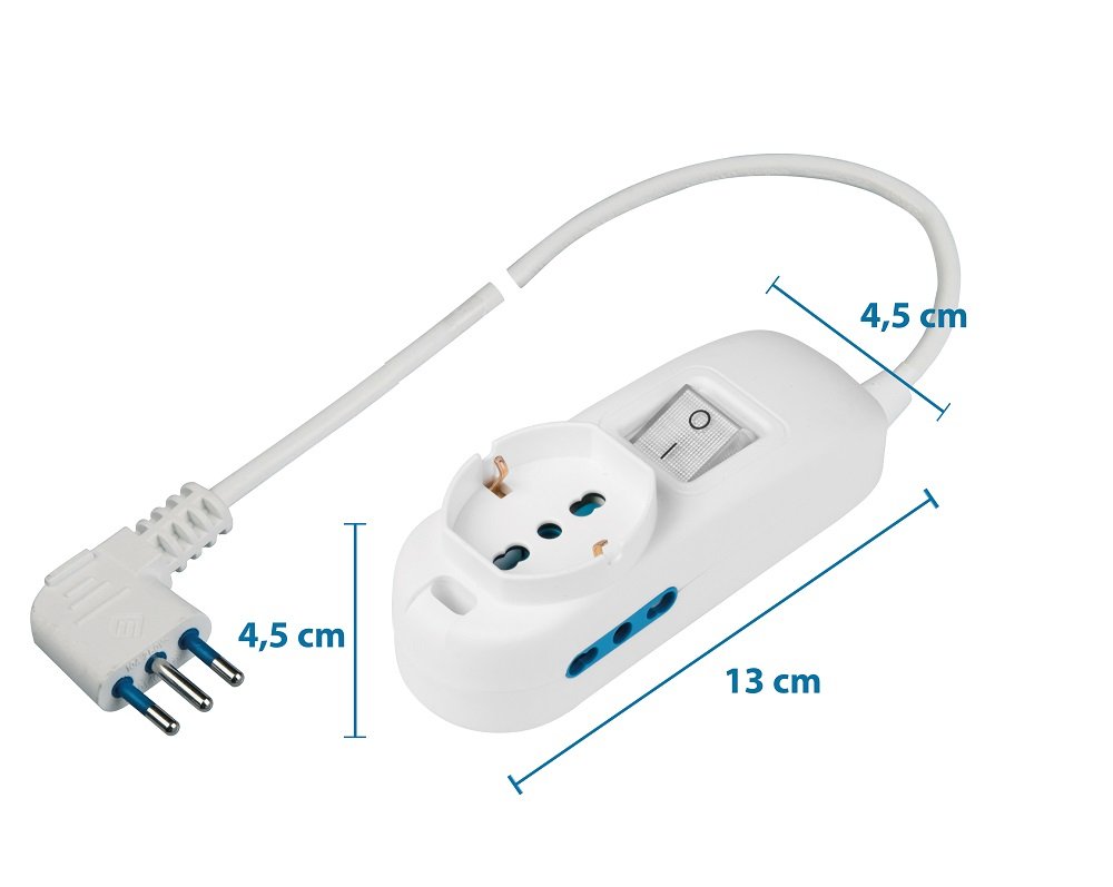 Poly Pool PP2501XL Multipresa con Cavo da 3 m – 2 Prese Bivalenti 10/16A 2P+T + 1 Presa Pluristandard 10A+schuko – Spina Salvaspazio da 16A-in, 3500 W, Bianco, 3 Metri
