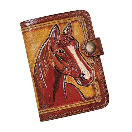 SAGEFINDS Tooled Genuine Leather Horse Wallet | Multi Card and Cash Holder | Hand-Painted | Equestrian Gift | Fold Over Button-Snap Closure | 4.75” x 3”