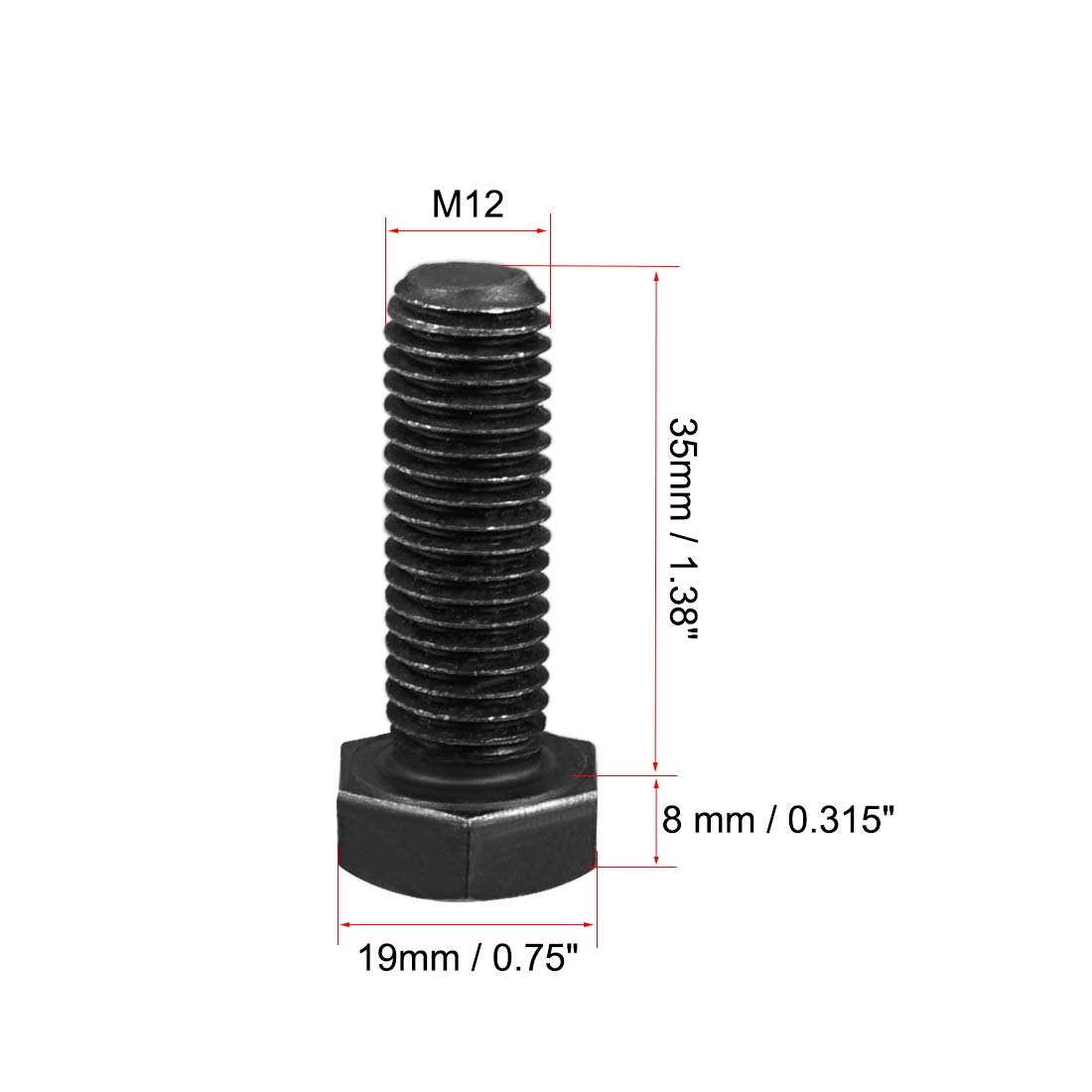 sourcing map M12x35mm vis tête Hex Vis gauche fixation acier carbone noir 3pc