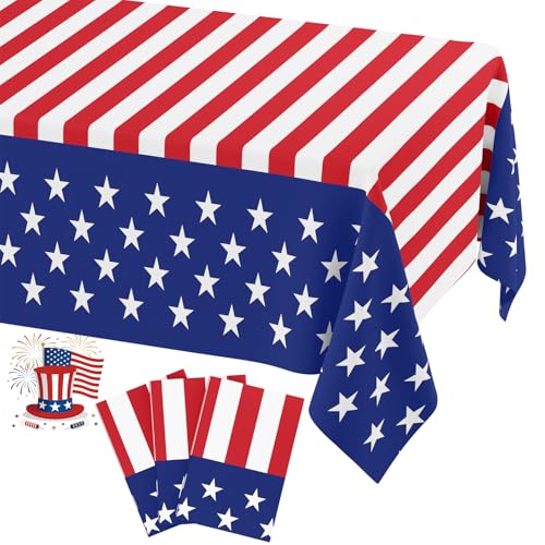 Image of Smiry Disposable Table Cloth 3 Pack, 54 x 108 Inch Waterproof Plastic Tablecloth, Decorative Rectangle Table Covers for Party, Birthday, Picnic, American Flag