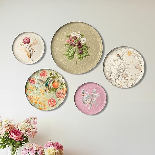 Image of Botanic Bliss Wall Plates Set of 5 - Decorative Metal Wall Art for Home Decor | Botanical & Floral Wall Plates for Living Room, Bedroom, Office | Elegant Wall Hanging Gift Item