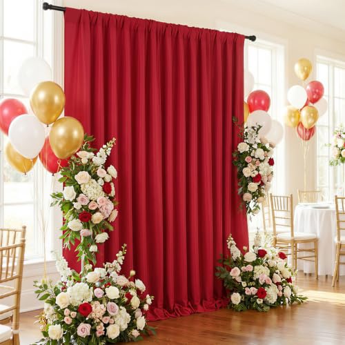 Image of SoarDream Wine Red Polyester Backdrop Curtains 5ft x 10ft 2 Panels Wrinkle-Free Photography Drapes for Wedding Arch Photo Booth Party Event Background Decoration