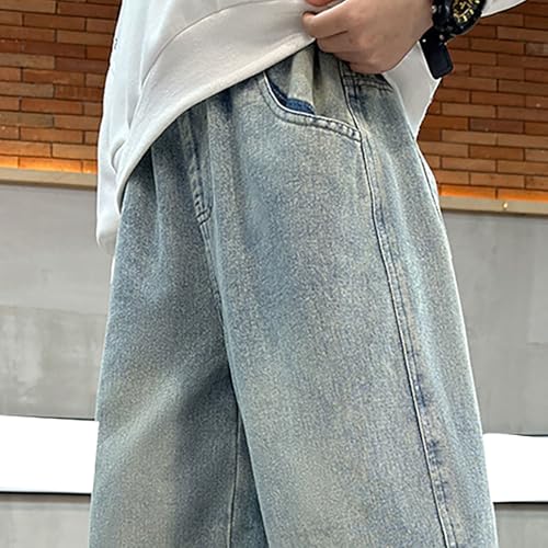 Boys Basic Jeans Elastic Waist Baggy Wide Leg Streetwear Teens Kids Relaxed Fit Denim Pants with4