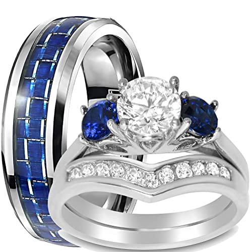 LaRaso & Co His Hers Sterling Blue Sapphire CZ Bridal Wedding Band Engagement Ring Set Him Her Thin Blue Line