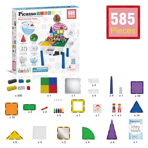 picassotiles 585pc kids activity table magnetic tiles and building bricks stem pretend play learning with reversible brick whiteboard tabletop storage bins and add-on toys boys girls ages 3 pbt585