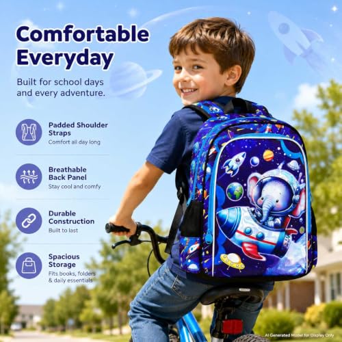 Image of UFNDC 3PCS Boys Elephant Backpack, Kids Space Bookbag with Lunch Box, Water Resistant Rocket School Bag for Elementary Preschool Toddler